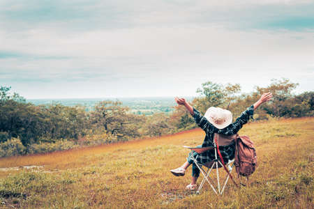 Happy women backpack and enjoying with the beautiful nature relaxing on weekend.の写真素材