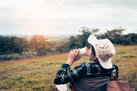 Happy women backpack and enjoying with the beautiful nature relaxing on weekend.の写真素材