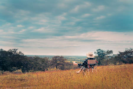 Happy women backpack and enjoying with the beautiful nature relaxing on weekend.の写真素材