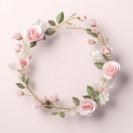 3D flower wedding invitation circle card - Realistic floral frame on white background. Perfect for weddings. Elegant and beautiful concept. Generative AI.の素材