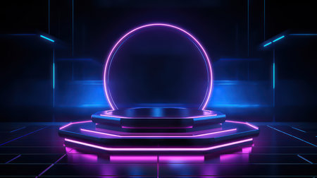 Futuristic abstract empty podium in modern tech style with glowing neon light,3D widescreen background product presentation and Innovation showcase concept,smoke and spotlight background.Generative AIの素材
