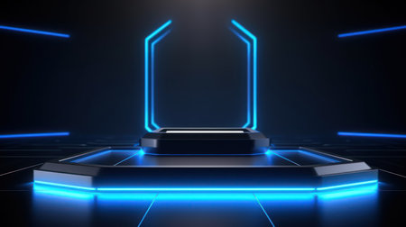 Futuristic abstract empty podium in modern tech style with glowing neon light,3D widescreen background product presentation and Innovation showcase concept,smoke and spotlight background.Generative AIの素材