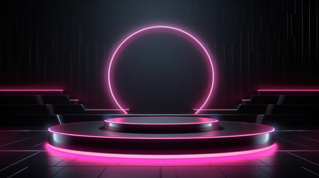 Futuristic abstract empty podium in modern tech style with glowing neon light,3D widescreen background product presentation and Innovation showcase concept,smoke and spotlight background.Generative AIの素材