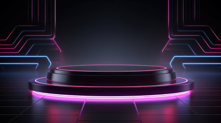 Futuristic abstract empty podium in modern tech style with glowing neon light,3D widescreen background product presentation and Innovation showcase concept,smoke and spotlight background.Generative AIの素材