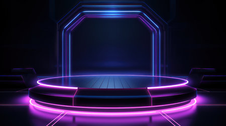 Futuristic abstract empty podium in modern tech style with glowing neon light,3D widescreen background product presentation and Innovation showcase concept,smoke and spotlight background.Generative AIの素材