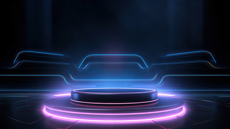 Futuristic abstract empty podium in modern tech style with glowing neon light,3D widescreen background product presentation and Innovation showcase concept,smoke and spotlight background.Generative AIの素材