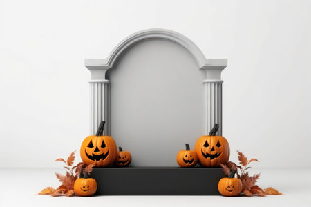 Eerie halloween style podium on white background mysterious spooky showcase for product presentation and mock-up display, 3D rendering, Generative AI.の素材