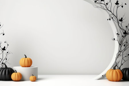 Eerie halloween style podium on white background mysterious spooky showcase for product presentation and mock-up display, 3D rendering, Generative AI.の素材