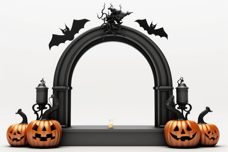 Eerie halloween style podium on white background mysterious spooky showcase for product presentation and mock-up display, 3D rendering, Generative AI.の素材