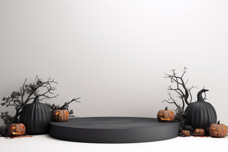 Eerie halloween style podium on white background mysterious spooky showcase for product presentation and mock-up display, 3D rendering, Generative AI.の素材