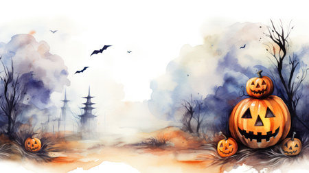 Spooky Halloween pumpkin bat and cross in watercolor style for erie holiday art, Generative AIの素材