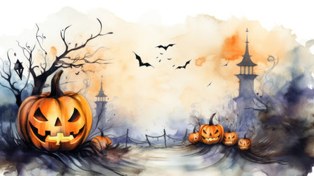 Spooky Halloween pumpkin bat and cross in watercolor style for erie holiday art, Generative AIの素材