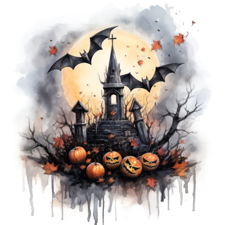Spooky Halloween pumpkin bat and cross in watercolor style for erie holiday art, Generative AIの素材