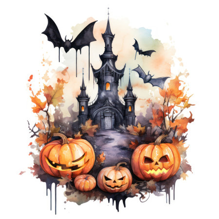 Spooky Halloween pumpkin bat and cross in watercolor style for erie holiday art, Generative AIの素材