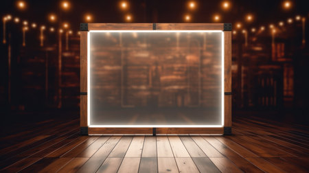 Modern presentations on wood floor and empty frame studio with led panels background.の素材