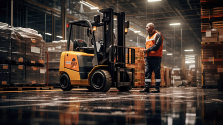 Professional experienced forklift operator  managing industrial tasks and managing cargo with a warehouse environment.の素材
