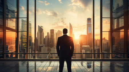 Back of businessman looking to vision think of a successful in a modern office ,planning to target of success corporate concept.の素材
