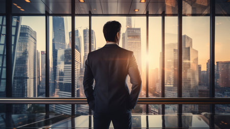 Back of businessman looking to vision think of a successful in a modern office ,planning to target of success corporate concept.の素材