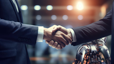 Business human hand and robot cooperate to development applications with artificial intelligence. Technology and machine learning. technological innovation of futuristic.の素材
