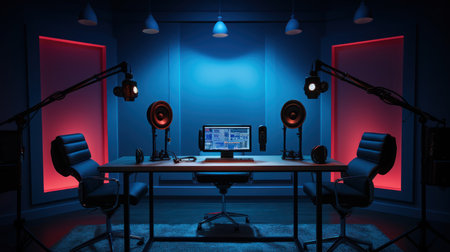 The modern podcast and streaming studio with led panels background for working and recording.の素材