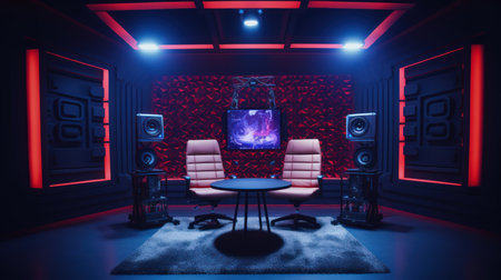 The modern podcast and streaming studio with led panels background for working and recording.の素材