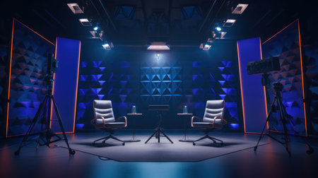 The modern podcast and streaming studio with led panels background for working and recording.の素材