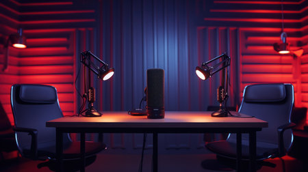The modern podcast and streaming studio with led panels background for working and recording.の素材