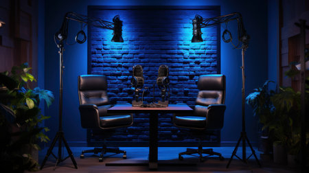 The modern podcast and streaming studio with led panels background for working and recording.の素材
