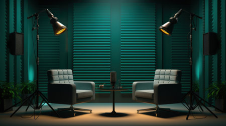 The modern podcast and streaming studio with led panels background for working and recording.の素材