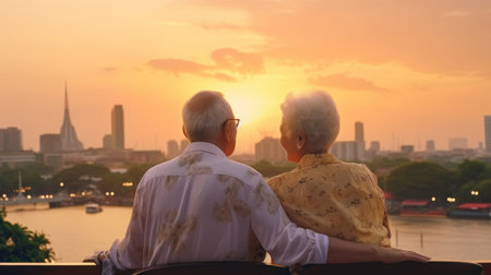 Happy seniors on vacation travelling and joyful nice in a great moment, happy retirement concept.の素材