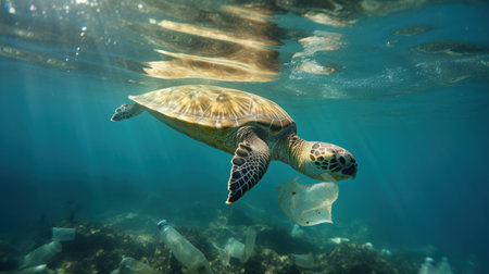 A turtle swimming amidst the garbage  floating under in the ocean , pollution in the marine, effects on marine life, environment day concept.の素材
