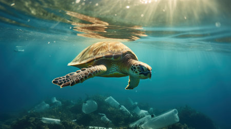 A turtle swimming amidst the garbage  floating under in the ocean , pollution in the marine, effects on marine life, environment day concept.の素材