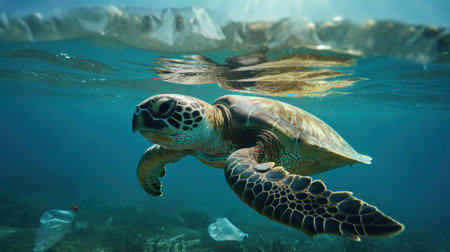 A turtle swimming amidst the garbage  floating under in the ocean , pollution in the marine, effects on marine life, environment day concept.の素材