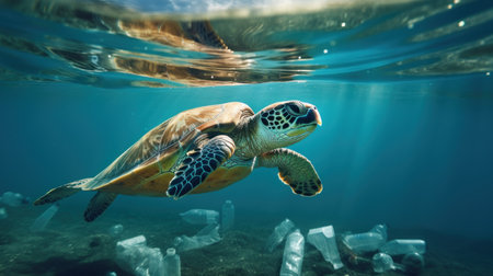 A turtle swimming amidst the garbage  floating under in the ocean , pollution in the marine, effects on marine life, environment day concept.の素材