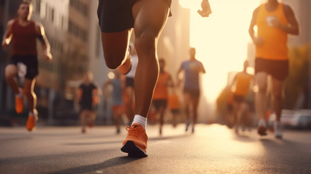 Close-up feet of group runner running marathon on the road in the urban during rain fall and sunset.の素材