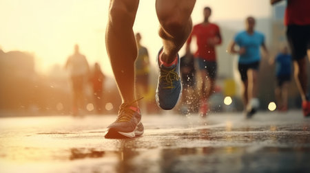 Close-up feet of group runner running marathon on the road in the urban during rain fall and sunset.の素材