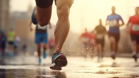 Close-up feet of group runner running marathon on the road in the urban during rain fall and sunset.の素材