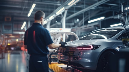 Engineer working to recharge EV car in the product line.の素材