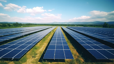Biggest solar panels park, green energy concept.の素材
