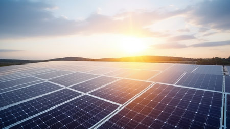 Biggest solar panels park, green energy concept.の素材