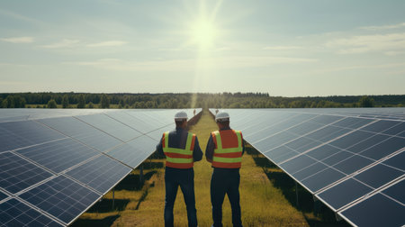 Team of business man engineer outdoor in the solar energy park, successful in green innovation investment.の素材