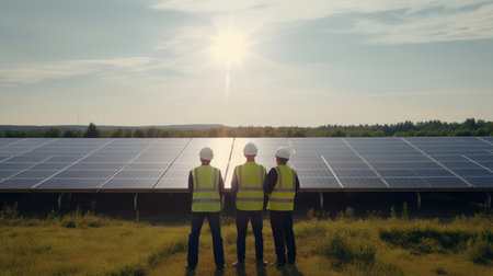 Team of business man engineer outdoor in the solar energy park, successful in green innovation investment.の素材