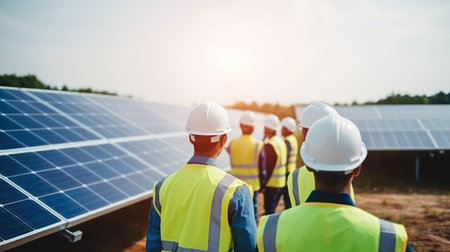 Team of business man engineer outdoor in the solar energy park, successful in green innovation investment.の素材