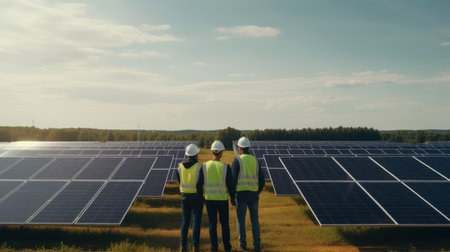 Team of business man engineer outdoor in the solar energy park, successful in green innovation investment.の素材