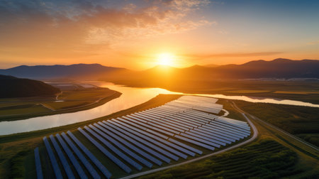 Biggest solar panels park, green energy concept.の素材