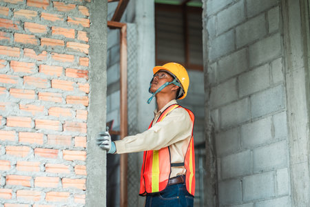 Construction worker  inspects the building construction standards to ensure that every part of the...
