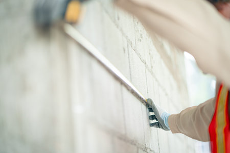 An engineer using a tape measure inspects standards at the construction site.の写真素材