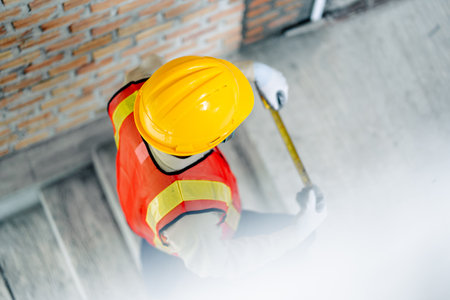 An engineer holding a tape measure inspects the building construction standards to ensure that every part of the structure complies with regulations and is safe for future use.の写真素材