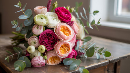 Wedding bouquet of roses and ranunculus on the tableの素材