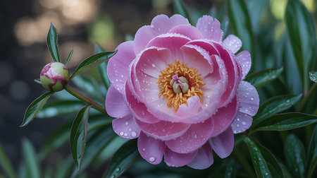 Beautiful pink peony flower with raindrops on petals.の素材